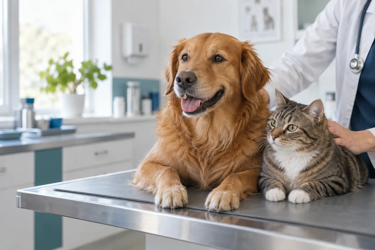Un câine și o pisică relaxați în timpul unei consultații veterinare
